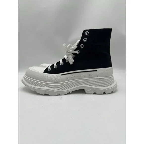 Alexander McQueen Tread Slick Lace Up Boot in black and white canvas Size 45